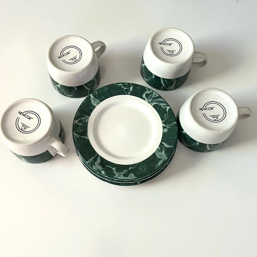Set of 4 Newcor Vintage White & Green Coffee / Tea Cup and Saucer Plate